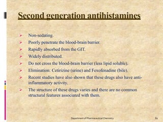Second generation antihistamines
61
Department of PharmaceuticalChemistry
 Non-sedating.
 Poorly penetrate the blood-brain barrier.
 Rapidly absorbed from the GIT.
 Widely distributed.
 Do not cross the blood-brain barrier (less lipid soluble).
 Elimination: Cetirizine (urine) and Fexofenadine (bile).
 Recent studies have also shown that these drugs also have anti-
inflammatory activity.
 The structure of these drugs varies and there are no common
structural features associated with them.
 