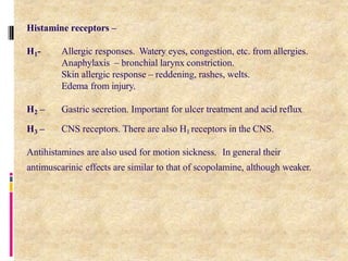 Histamine receptors –
83
H1- Allergic responses. Watery eyes, congestion, etc. from allergies.
Anaphylaxis – bronchial larynx constriction.
Skin allergic response – reddening, rashes, welts.
Edema from injury.
H2 – Gastric secretion. Important for ulcer treatment and acid reflux
H3 – CNS receptors. There are also H1 receptors in the CNS.
Antihistamines are also used for motion sickness. In general their
antimuscarinic effects are similar to that of scopolamine, although weaker.
 