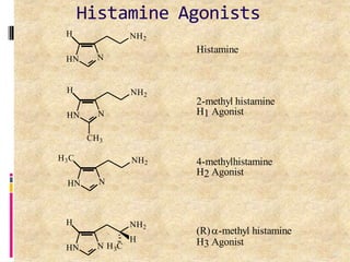HN N
NH2
H
HN N
NH2
H
CH3
HN N
NH2
H3C
HN
NH2
H
H
3
N H C
(R)-methyl histamine
H3 Agonist
84
4-methylhistamine
H2 Agonist
2-methyl histamine
H1 Agonist
Histamine
Histamine Agonists
 