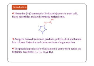 Introduction
Histamine [4-(2-aminoethyl)imidazole]occurs in mast cell ,
blood basophiles and acid secreting parietal cells.p g p
H2C CH2
NH2
4
N
H
N
2
3
5
Antigens derived from food products, pollens, dust and human
H
1
hair releases histamine and causes serious allergic reaction.
Th h i l i l ti f hi t i i d t th i tiThe physiological action of histamine is due to their action on
histamine receptors (H1, H2, H3 & H4).
 
