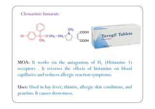 Clemastine fumarate
MOA: It works via the antagonism of H1 (Histamine 1)
h ff f h bl dreceptors . It reverses the effects of histamine on blood
capillaries and reduces allergic reaction symptoms.
Uses: Used in hay fever, rhinitis, allergic skin conditions, and
I dpruritus. It causes drowsiness.
 