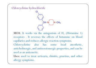 Chlorcyclizine hydrochloride
3
MOA: It works via the antagonism of H1 (Histamine 1): g 1 ( )
receptors . It reverses the effects of histamine on blood
capillaries and reduces allergic reaction symptoms.p g y p
Chlorcyclizine also has some local anesthetic,
anticholinergic, and antiserotonergic properties, and can beg , g p p ,
used as an antiemetic.
Uses: used to treat urticaria, rhinitis, pruritus, and other, , p ,
allergy symptoms.
 