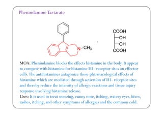 PhenindamineTartarate
3
MOA: Phenindamine blocks the effects histamine in the body. It appear
to compete with histamine for histamine H1- receptor sites on effectorp p
cells.The antihistamines antagonize those pharmacological effects of
histamine which are mediated through activation of H1- receptor sites
and thereby reduce the intensity of allergic reactions and tissue injury
response involving histamine release.
Uses: It is used to treat sneezing runny nose itching watery eyes hivesUses: It is used to treat sneezing, runny nose, itching, watery eyes, hives,
rashes, itching, and other symptoms of allergies and the common cold.
 