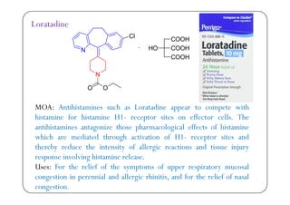 Loratadine
MOA: Antihistamines such as Loratadine appear to compete with
histamine for histamine H1- receptor sites on effector cells. The
tihi t i t i th h l i l ff t f hi t iantihistamines antagonize those pharmacological effects of histamine
which are mediated through activation of H1- receptor sites and
thereby reduce the intensity of allergic reactions and tissue injurythereby reduce the intensity of allergic reactions and tissue injury
response involving histamine release.
Uses: For the relief of the symptoms of upper respiratory mucosal
congestion in perennial and allergic rhinitis, and for the relief of nasal
congestion.
 