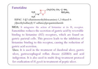 Famotidine
IUPAC 3 [[2 (di i h lid i ) 1 3 hi l 4
MOA: It t i th ti f hi t i t it H t
IUPAC: 3-[[2-(diaminomethylideneamino)-1,3-thiazol-4-
yl]methylsulfanyl]-N'-sulfamoylpropanimidamide
MOA: It antagonise the action of histamine at its H2 receptor.
Famotidine reduces the secretion of gastric acid by reversible
binding to histamine (H2) receptors which are found onbinding to histamine (H2) receptors, which are found on
gastric parietal cells. This process leads to the inhibition of
histamine binding to this receptor causing the reduction ofhistamine binding to this receptor, causing the reduction of
gastric acid secretion.
Uses: It is used in the treatment of duodenal ulcer gastricUses: It is used in the treatment of duodenal ulcer, gastric
ulcer, gastroesophageal reflux disease (GERD) and acid
indigestion It is also used in multi drug treatment protocolindigestion. It is also used in multi drug treatment protocol
for eradication of H.pyroli in treatment of peptic ulcer.
 