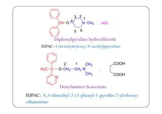 Diphenylpyraline hydrochloride
IUPAC: 4-(benzhydryloxy)-N-methylpiperidine
2 2
3
3 2 2
3
3
Doxylamines Scuccinate
IUPAC: N N-dimethyl-2-(1-phenyl-1-pyridin-2-ylethoxy)IUPAC: N,N-dimethyl-2-(1-phenyl-1-pyridin-2-ylethoxy)
ethanamine
 