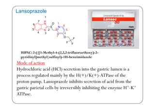 1
Lansoprazole
S
O
H
N
N
N
1
25
6
7
1
2 5
6
F
F
O
N 2
34
5 2
3 4
5
F
F
IUPAC: 2-({[3-Methyl-4-(2,2,2-trifluoroethoxy)-2-
Mode of action
d hl d Cl h l
pyridinyl]methyl}sulfinyl)-1H-benzimidazole
Hydrochloric acid (HCl) secretion into the gastric lumen is a
process regulated mainly by the H(+)/K(+)-ATPase of the
L l h b f d f hproton pump. Lansoprazole inhibits secretion of acid from the
gastric parietal cells by irreversibly inhibiting the enzyme H+-K+
ATPATPase.
 