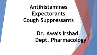 Antihistamines
Expectorants
Cough Suppressants
Dr. Awais Irshad
Dept. Pharmacology
1
 