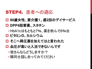 STEP4. ߤؤm
? 80rŮԡҪoL2ؤΥǥ`ӥ
? DPP4躦a
? HbA1cϤȤ7a6̨
? ӥߥD륷
? ؽRaӤƤϤԤ줿
? ѪRߤԡǤʤǤ
? Ԥʤɤޤ
? OͬʿԒϤäƤߤƤ
 