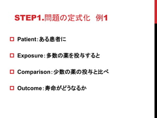 STEP1.}ζʽ 1
? Patient뻼ߤ
? ExposureaͶ뤹
? ComparisonaͶȱȤ
? Outcomeɤʤ뤫
 