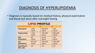 DIAGNOSIS OF HYPERLIPIDEMIA
• Diagnosis is typically based on medical history, physical examination
and blood test done after overnight fasting
 