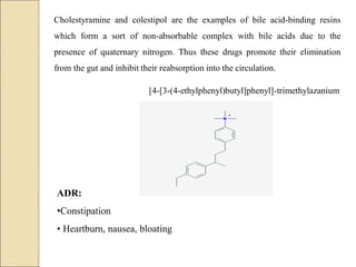 Cholestyramine and colestipol are the examples of bile acid-binding resins
which form a sort of non-absorbable complex with bile acids due to the
presence of quaternary nitrogen. Thus these drugs promote their elimination
from the gut and inhibit their reabsorption into the circulation.
ADR:
•Constipation
• Heartburn, nausea, bloating
[4-[3-(4-ethylphenyl)butyl]phenyl]-trimethylazanium
 