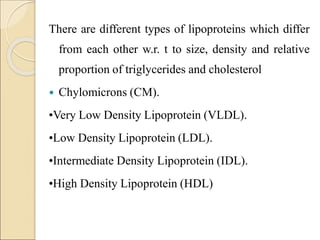 There are different types of lipoproteins which differ
from each other w.r. t to size, density and relative
proportion of triglycerides and cholesterol
 Chylomicrons (CM).
•Very Low Density Lipoprotein (VLDL).
•Low Density Lipoprotein (LDL).
•Intermediate Density Lipoprotein (IDL).
•High Density Lipoprotein (HDL)
 