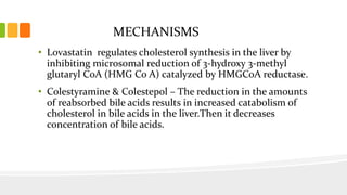 MECHANISMS
• Lovastatin regulates cholesterol synthesis in the liver by
inhibiting microsomal reduction of 3-hydroxy 3-methyl
glutaryl CoA (HMG Co A) catalyzed by HMGCoA reductase.
• Colestyramine & Colestepol – The reduction in the amounts
of reabsorbed bile acids results in increased catabolism of
cholesterol in bile acids in the liver.Then it decreases
concentration of bile acids.
 