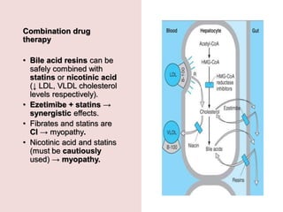 Combination drug
therapy
• Bile acid resins can be
safely combined with
statins or nicotinic acid
(↓ LDL, VLDL cholesterol
levels respectively).
• Ezetimibe + statins →
synergistic effects.
• Fibrates and statins are
CI → myopathy.
• Nicotinic acid and statins
(must be cautiously
used) → myopathy.
 