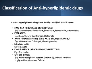 Classification of Anti-hyperlipidemic drugs
• Anti-hyperlipidemic drugs are mainly classified into 5 types:
• HMG CoA REDUCTASE INHIBITORS:
E.g.: Atorvastatin, Fluvastatin, Lovastatin, Pravastatin, Simvastatin.
• FIBRATES:
E.g.: Fenofibrate, Gemfibrozil, Clofibrate
• Anion –exchange resins( BILE ACID SEQUESTRANTS):
E.g.: Colesevelam, Colestipol, Cholestyramine
• Nicotinic acid:
E.g: NIACIN.
• CHOLESTEROL ABSORPTION INHIBITORS:
E.g.: Ezetimibe.
• OTHER DRUGS
E.g: Alpha-tocopherol acetate (vitamin E), Omega-3 marine
triglycerides (Maxepa), Orlistat
 