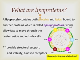
What are lipoproteins?
A lipoprotein contains both proteins and lipids, bound to
another proteins which is called apolipoproteins, which
allow fats to move through the
water inside and outside cells.
** provide structural support
and stability, binds to receptors
Lipoprotein structure (chylomicron)
 