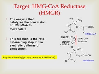 Target: HMG-CoA Reductase
(HMGR)
 The enzyme that
catalyzes the conversion
of HMG-CoA to
mevanolate.
 This reaction is the rate-
determining step in the
synthetic pathway of
cholesterol.
+ HSCoA
H2C
C
CH3
HO
CH2
C
−
O O
C SCoA
O
H2C
C
CH3
HO
CH2
C
−
O O
H2
C OH
2NADP+
2NADPH
HMG-CoA
mevalonate
HMG-CoA
Reductase
3-hydroxy-3-methylglutaryl-coenzyme A (HMG-CoA)
 