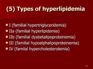 (5) Types of hyperlipidemia   I (familial hypertriglyceridemia) IIa (familial hyperlipidemia) IIb (familial dysbetalipoproteinemia) III (familial hypoalphalipoproteinemia) IV (familal hypercholesterolemia) 
