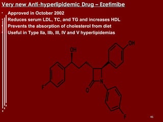 Very new Anti-hyperlipidemic Drug – Ezetimibe Approved in October 2002 Reduces serum LDL, TC, and TG and increases HDL Prevents the absorption of cholesterol from diet Useful in Type IIa, IIb, III, IV and V hyperlipidemias 