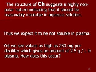     The structure of  Ch  suggests a highly non-polar nature indicating that it should be reasonably insoluble in aqueous solution.  Thus we expect it to be not soluble in plasma.  Yet we see values as high as 250 mg per deciliter which gives an amount of 2.5 g / L in plasma. How does this occur?  