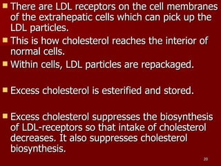 There are LDL receptors on the cell membranes of the extrahepatic cells which can pick up the LDL particles.  This is how cholesterol reaches the interior of normal cells.  Within cells, LDL particles are repackaged.  Excess cholesterol is esterified and stored.  Excess cholesterol suppresses the biosynthesis of LDL-receptors so that intake of cholesterol decreases. It also suppresses cholesterol biosynthesis.  
