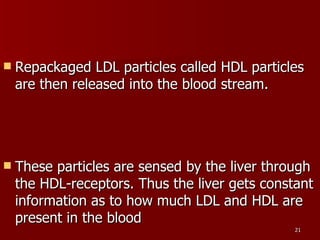 Repackaged LDL particles called HDL particles are then released into the blood stream.  These particles are sensed by the liver through the HDL-receptors. Thus the liver gets constant information as to how much LDL and HDL are present in the blood  