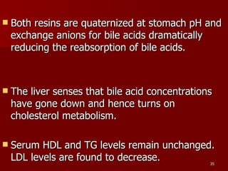 Both resins are quaternized at stomach pH and exchange anions for bile acids dramatically reducing the reabsorption of bile acids.  The liver senses that bile acid concentrations have gone down and hence turns on cholesterol metabolism.  Serum HDL and TG levels remain unchanged. LDL levels are found to decrease.  