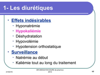 • Effets indésirables
• Hyponatrémie
• Hypokaliémie
• Déshydratation
• Hypovolémie
• Hypotension orthostatique
• Surveillance
• Natrémie au début
• Kaliémie tout au long du traitement
1- Les diurétiques
21/03/16 17
DR DIDOUH M COURS de pharmco
2012
 