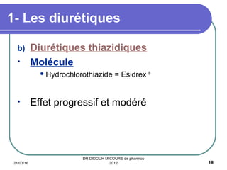 b) Diurétiques thiazidiques
• Molécule
 Hydrochlorothiazide = Esidrex ®
• Effet progressif et modéré
1- Les diurétiques
21/03/16 18
DR DIDOUH M COURS de pharmco
2012
 