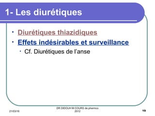 • Diurétiques thiazidiques
• Effets indésirables et surveillance
• Cf. Diurétiques de l’anse
1- Les diurétiques
21/03/16 19
DR DIDOUH M COURS de pharmco
2012
 
