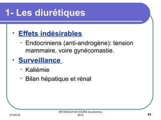 • Effets indésirables
• Endocriniens (anti-androgène): tension
mammaire, voire gynécomastie.
• Surveillance
• Kaliémie
• Bilan hépatique et rénal
1- Les diurétiques
21/03/16 21
DR DIDOUH M COURS de pharmco
2012
 