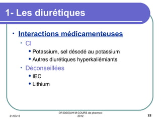 • Interactions médicamenteuses
• CI
 Potassium, sel désodé au potassium
 Autres diurétiques hyperkaliémiants
• Déconseillées
 IEC
 Lithium
1- Les diurétiques
21/03/16 22
DR DIDOUH M COURS de pharmco
2012
 