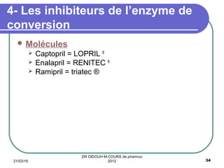 4- Les inhibiteurs de l’enzyme de
conversion
 Molécules
 Captopril = LOPRIL ®
 Enalapril = RENITEC ®
 Ramipril = triatec ®
21/03/16 34
DR DIDOUH M COURS de pharmco
2012
 