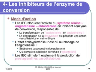  Mode d’action
 Les IEC bloquent l’activité du système rénine -
angiotensine – aldostérone en inhibant l’enzyme
de conversion, responsable de
 La transformation de l’angiotensine I en angiotensine II
 La dégradation de la bradykinine qui possède une action
vasodilatatrice et natriurétique
 L’effet antihypertenseur est dû au blocage de
l’angiotensine II
 Substance vasoconstrictrice puissante
 Qui stimule la sécrétion surrénale d’aldostérone
 Les IEC stimulent également la production de
prostaglandines vasodilatatrices
4- Les inhibiteurs de l’enzyme de
conversion
21/03/16 35
DR DIDOUH M COURS de pharmco
2012
 