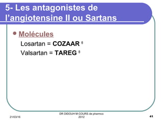 5- Les antagonistes de
l’angiotensine II ou Sartans
Molécules
Losartan = COZAAR ®
Valsartan = TAREG ®
21/03/16 41
DR DIDOUH M COURS de pharmco
2012
 