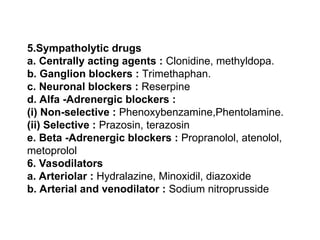 5.Sympatholytic drugs
a. Centrally acting agents : Clonidine, methyldopa.
b. Ganglion blockers : Trimethaphan.
c. Neuronal blockers : Reserpine
d. Alfa -Adrenergic blockers :
(i) Non-selective : Phenoxybenzamine,Phentolamine.
(ii) Selective : Prazosin, terazosin
e. Beta -Adrenergic blockers : Propranolol, atenolol,
metoprolol
6. Vasodilators
a. Arteriolar : Hydralazine, Minoxidil, diazoxide
b. Arterial and venodilator : Sodium nitroprusside
 