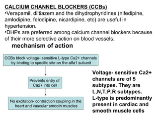 CALCIUM CHANNEL BLOCKERS (CCBs)
•Verapamil, diltiazem and the dihydrophyridines (nifedipine,
amlodipine, felodipine, nicardipine, etc) are useful in
hypertension.
•DHPs are preferred among calcium channel blockers because
of their more selective action on blood vessels.
mechanism of action
CCBs block voltage- sensitive L-type Ca2+ channels
by binding to specific site on the alfa1 subunit
Prevents entry of
Ca2+ into cell
No excitation- contraction coupling in the
heart and vascular smooth muscles
Voltage- sensitive Ca2+
channels are of 5
subtypes. They are
L,N,T,P,R subtypes.
L-type is predominantly
present in cardiac and
smooth muscle cells
 