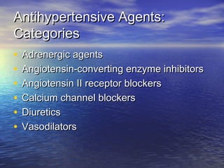 AAnnttiihhyyppeerrtteennssiivvee AAggeennttss:: 
CCaatteeggoorriieess 
• AAddrreenneerrggiicc aaggeennttss 
• AAnnggiiootteennssiinn--ccoonnvveerrttiinngg eennzzyymmee iinnhhiibbiittoorrss 
• AAnnggiiootteennssiinn IIII rreecceeppttoorr bblloocckkeerrss 
• CCaallcciiuumm cchhaannnneell bblloocckkeerrss 
• DDiiuurreettiiccss 
• VVaassooddiillaattoorrss 
 