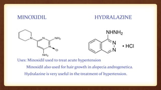MINOXIDIL HYDRALAZINE
Uses: Minoxidil used to treat acute hypertension
Minoxidil also used for hair growth in alopecia androgenetica.
Hydralazine is very useful in the treatment of hypertension.
 