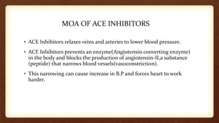 MOA OF ACE INHIBITORS
• ACE Inhibitors relaxes veins and arteries to lower blood pressure.
• ACE Inhibitors prevents an enzyme(Angiotensin converting enzyme)
in the body and blocks the production of angiotensin-II,a substance
(peptide) that narrows blood vessels(vasoconstriction).
• This narrowing can cause increase in B.P and forces heart to work
harder.
 