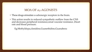 MOA OF α₂-AGONISTS
• These drugs stimulate α-adrenergic receptors in the brain.
• This action results in reduced sympathetic outflow from the CNS
and decreases peripheral resistance,renal vascular resistance ,Heart
rate and blood pressure.
Eg:Methyldopa,clonidine,Guanethidine,Guanabenz
 