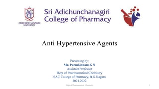 Anti Hypertensive Agents
Presenting by:
Mr. Purushotham K N
Assistant Professor
Dept of Pharmaceutical Chemistry
SAC College of Pharmacy, B.G.Nagara
2021-2022
Dept of Pharmaceutical Chemistry 1
 