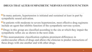 02/10/2025 13
DRUGS THATALTER SYMPATHETIC NERVOUS SYSTEM FUNCTION
In many patients, hypertension is initiated and sustained at least in part by
sympathetic neural activation.
In patients with moderate to severe hypertension, most effective drug regimens
include an agent that inhibits function of the sympathetic nervous system.
Drugs in this group are classified according to the site at which they impair the
sympathetic reflex arc as shown in the next slide.
This neuroanatomic classification explains prominent differences in
cardiovascular effects of drugs and allows the clinician to predict interactions of
these drugs with one another and with other drugs.
 