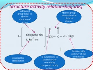 Structure activity relationship[SAR]
R Groups that bind
to Zn+2
ion
CH C
R
1
(N
O
Ring)
Essential for
stabilisation
Methyl group
resembles side
chain of
alanine
Enhances the
potency of the
compound
Sulfhydryl
group leads to
shorter
duration of
action
n-butylamine in
dicarboxylate
containing
componds orally
active.
 