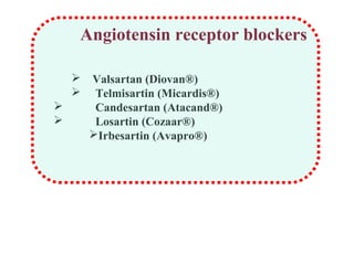  Valsartan (Diovan®)
 Telmisartin (Micardis®)
 Candesartan (Atacand®)
 Losartin (Cozaar®)
Irbesartin (Avapro®)
Angiotensin receptor blockers
 