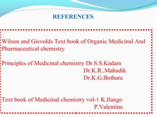 REFERENCES
Wilson and Gisvolds Text book of Organic Medicinal And
Pharmaceutical chemistry
Principles of Medicinal chemistry Dr.S.S.Kadam
Dr.K.R..Mahadik
Dr.K.G.Bothara
Text book of Medicinal chemistry vol-1 K.Ilango
P.Valentine
 