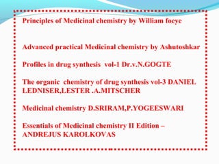 Principles of Medicinal chemistry by William foeye
Advanced practical Medicinal chemistry by Ashutoshkar
Profiles in drug synthesis vol-1 Dr.v.N.GOGTE
The organic chemistry of drug synthesis vol-3 DANIEL
LEDNISER,LESTER .A.MITSCHER
Medicinal chemistry D.SRIRAM,P.YOGEESWARI
Essentials of Medicinal chemistry II Edition –
ANDREJUS KAROLKOVAS
 
