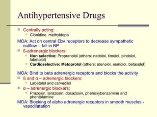 Antihypertensive Drugs
 Centrally acting:
 Clonidine, methyldopa
MOA: Act on central α2A receptors to decrease sympathetic
outflow – fall in BP
 ß-adrenergic blockers:
 Non selective: Propranolol (others: nadolol, timolol, pindolol,
labetolol)
 Cardioselective: Metoprolol (others: atenolol, esmolol, betaxolol)
MOA: Bind to beta adrenergic receptors and blocks the activity
 ß and α – adrenergic blockers:
 Labetolol and carvedilol
 α – adrenergic blockers:
 Prazosin, terazosin, doxazosin, phenoxybenzamine and
phentolamine
MOA: Blocking of alpha adrenergic receptors in smooth muscles -
vasodilatation
 