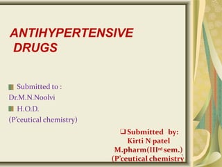 ANTIHYPERTENSIVE
DRUGS
Submitted to :
Dr.M.N.Noolvi
H.O.D.
(P’ceutical chemistry)
1
❑Submitted by:
Kirti N patel
M.pharm(IIIrd sem.)
(P’ceutical chemistry)
 